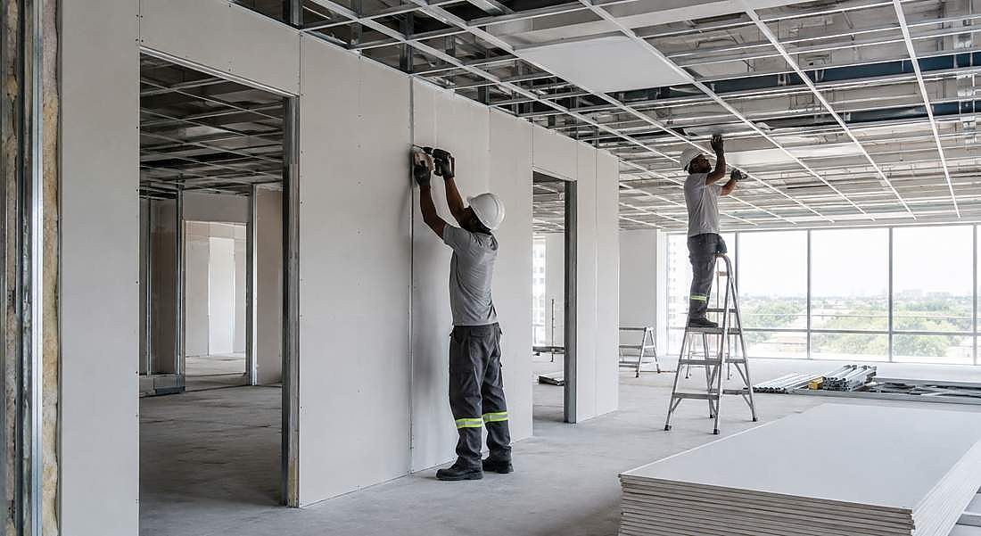 Drywall ceiling grid and partition wall installation on an office fit-out