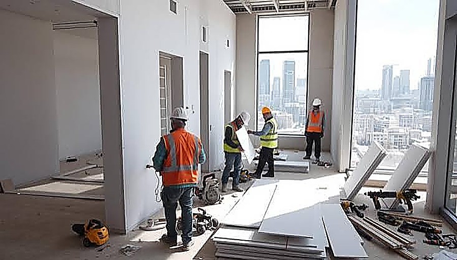 Interior fit-out in progress on a high-rise commercial building with city views