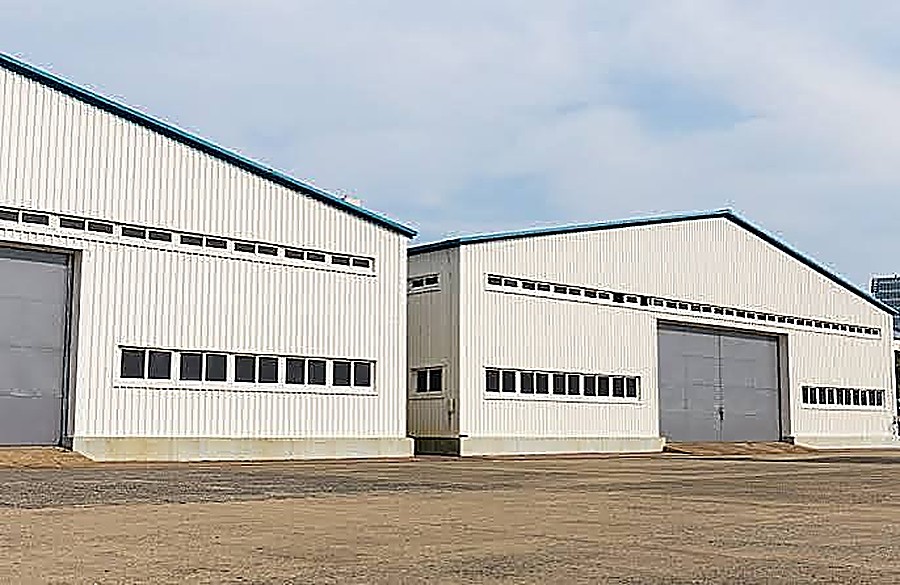Completed steel-framed industrial warehouse buildings