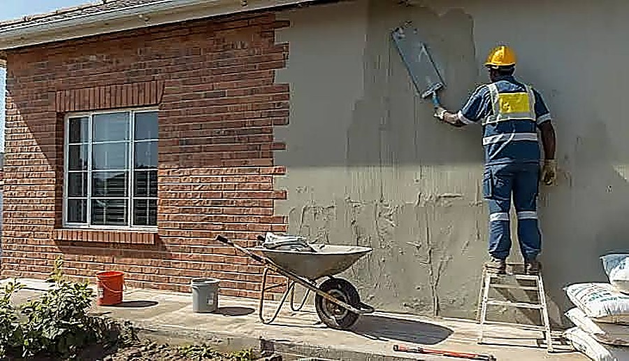 Plasterer applying render to an exterior brick wall from a step ladder