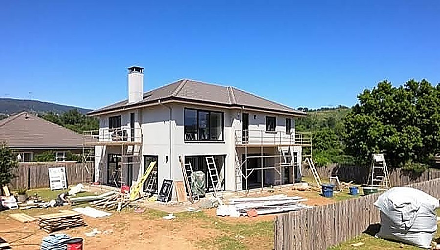 Double-storey home extension with scaffolding during renovation