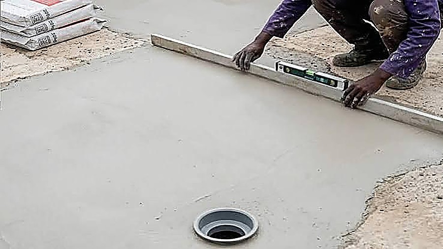 Screeding and levelling a concrete surface around a drain outlet